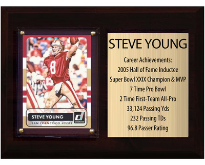 Steve Young San Francisco 49ers HOF Fan Gift Plaque 6x8 Stats 1 Card Donruss Score Panini Topps Prizm 2024 2025 2026
