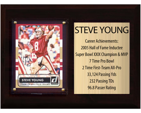 Steve Young San Francisco 49ers HOF Fan Gift Plaque 6x8 Stats 1 Card Donruss Score Panini Topps Prizm 2024 2025 2026