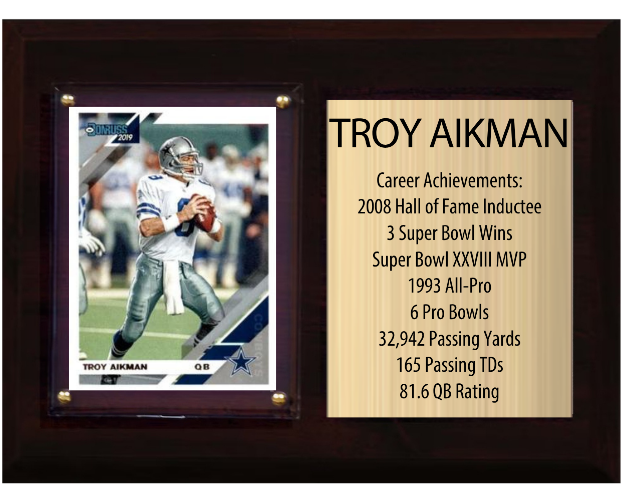 Troy Aikman Dallas Cowboys HOF Fan Gift Plaque 6x8 Stats 1 Card Donruss Score Panini Topps Prizm 2024 2025 2026