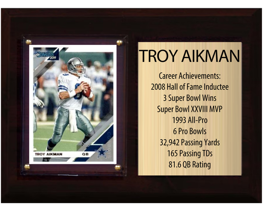 Troy Aikman Dallas Cowboys HOF Fan Gift Plaque 6x8 Stats 1 Card Donruss Score Panini Topps Prizm 2024 2025 2026