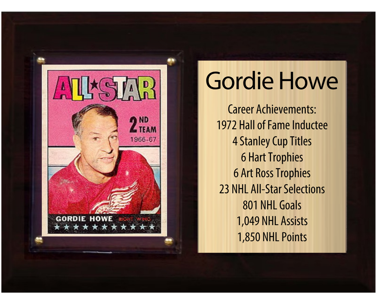 Gordie Howe Detroit Red Wings HOF Fan Gift Plaque 6x8 Stats 1 Card Upper Deck Parkhurst O-Pee-Chee Topps 2024 2025 2026