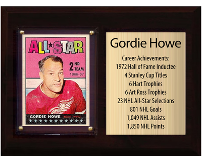 Gordie Howe Detroit Red Wings HOF Fan Gift Plaque 6x8 Stats 1 Card Upper Deck Parkhurst O-Pee-Chee Topps 2024 2025 2026