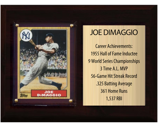 Joe DiMaggio New York Yankees HOF Fan Gift Plaque 6x8 Stats 1 Card Topps Donruss Panini 2024 2025 2026