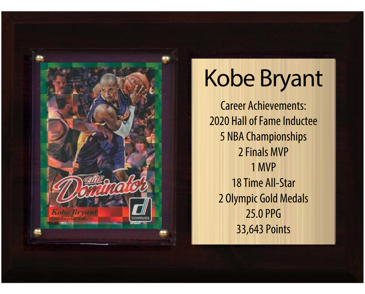 Kobe Bryant Los Angeles Lakers HOF Fan Gift Plaque 6x8 Stats 1 Card Panini Donruss Hoops Prizm Topps 2024 2025 2026