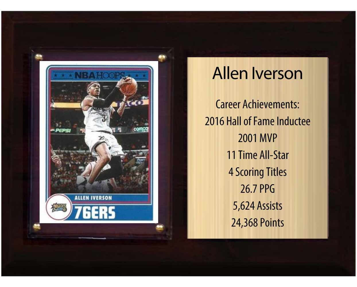 Allen Iverson Philadelphia 76ers HOF Fan Gift Plaque 6x8 Stats 1 Card Panini Donruss Hoops Prizm Topps 2024 2025 2026