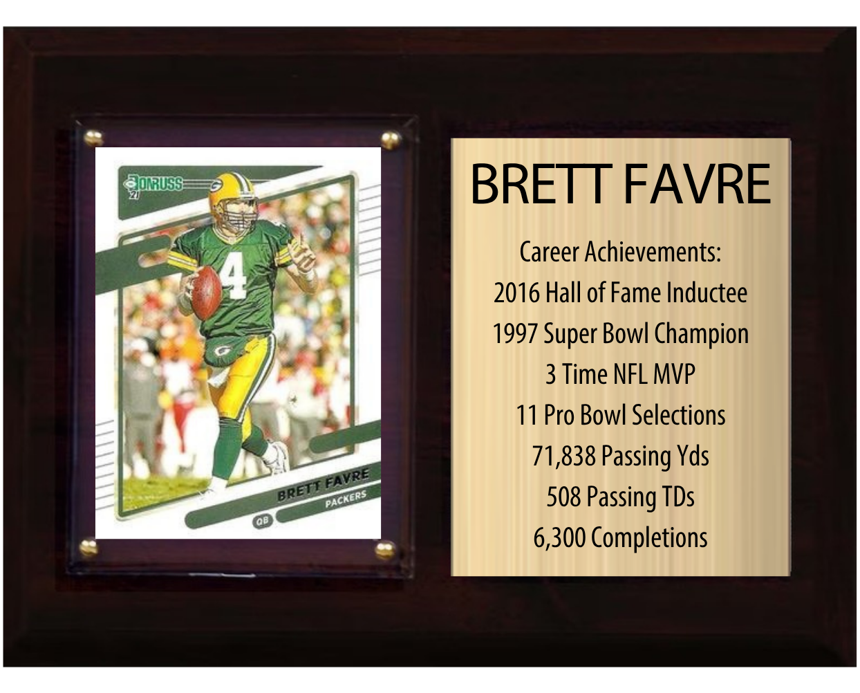 Brett Favre Green Bay Packers HOF Fan Gift Plaque 6x8 Stats 1 Card Donruss Score Panini Topps Prizm 2024 2025 2026