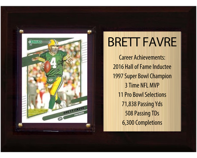 Brett Favre Green Bay Packers HOF Fan Gift Plaque 6x8 Stats 1 Card Donruss Score Panini Topps Prizm 2024 2025 2026