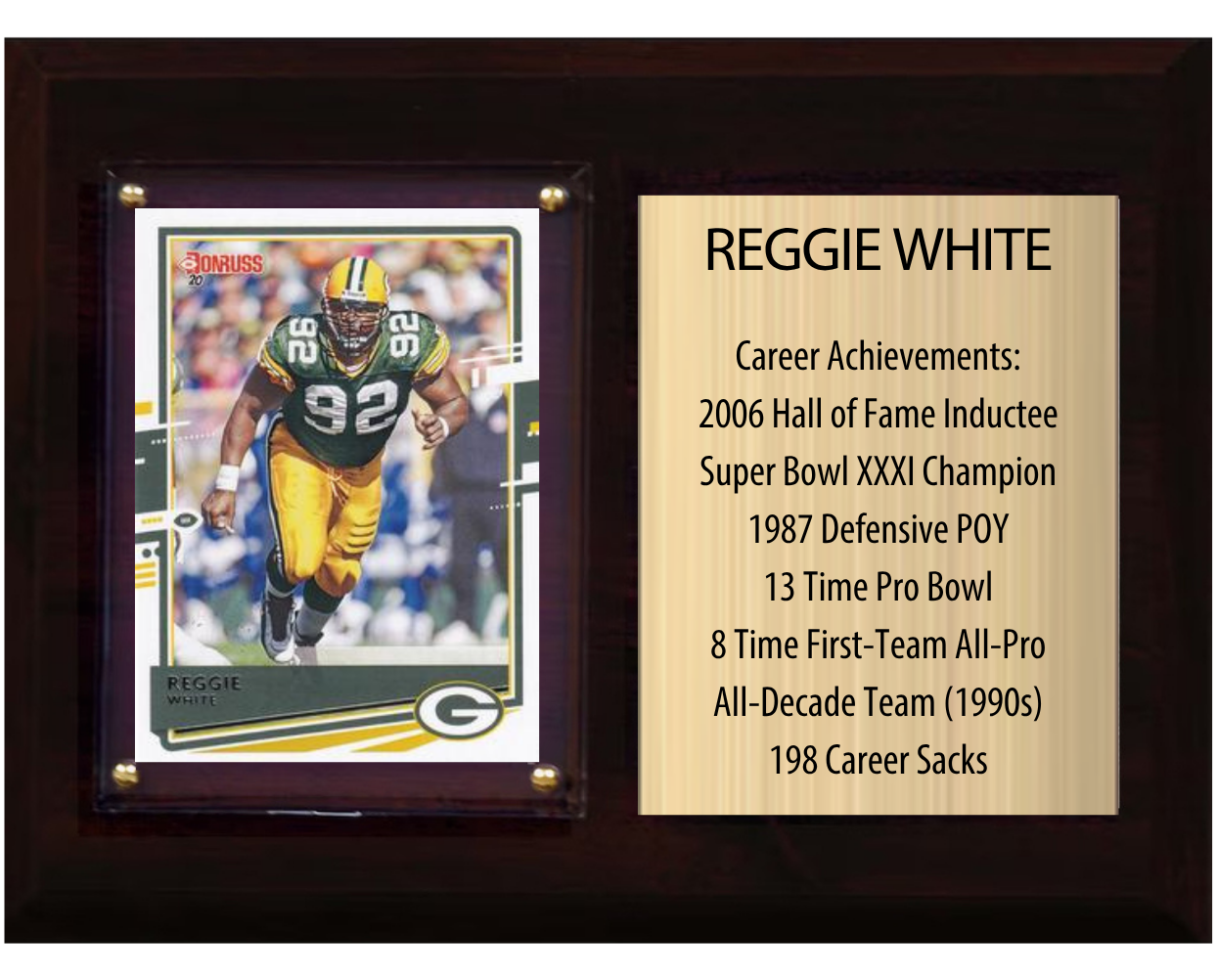 Reggie White Green Bay Packers HOF Fan Gift Plaque 6x8 Stats 1 Card Donruss Score Panini Topps Prizm 2024 2025 2026