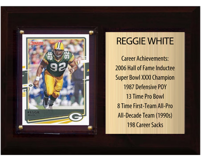 Reggie White Green Bay Packers HOF Fan Gift Plaque 6x8 Stats 1 Card Donruss Score Panini Topps Prizm 2024 2025 2026
