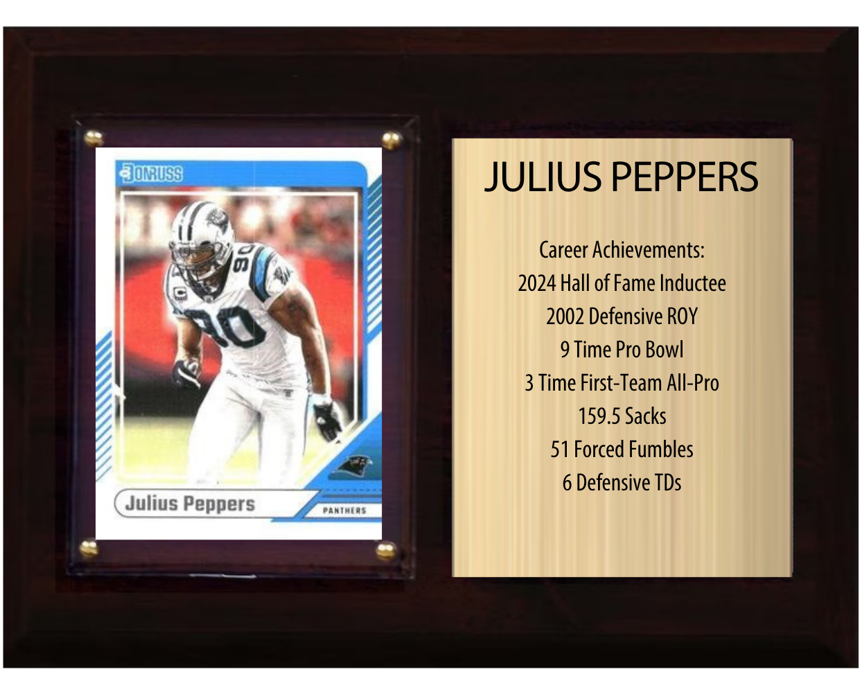 Julius Peppers Carolina Panthers Hall of Fame Stats Plaque 6x8 1 Card Prizm, Donruss, Score 2024 2025 2026