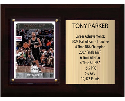 Tony Parker San Antonio Spurs Hall of Fame Stats Plaque 6x8 1 Card Hoops, Prizm, Donruss 2024 2025 2026