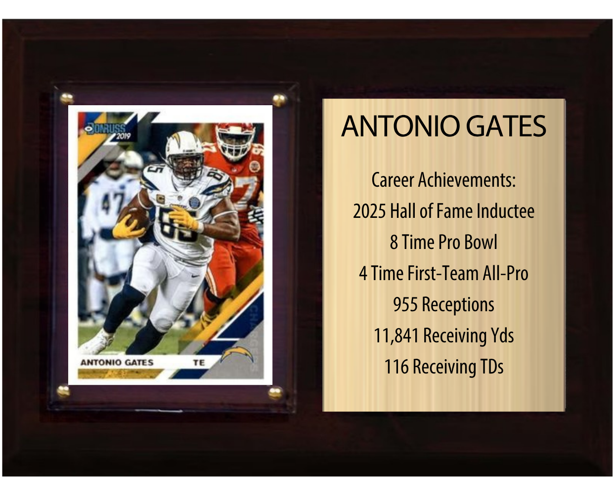 Antonio Gates Los Angeles Chargers Hall of Fame Stats Plaque 6x8 1 Card Prizm, Donruss, Score 2024 2025 2026