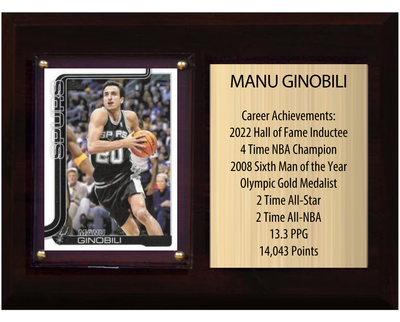 Manu Ginobili San Antonio Spurs Hall of Fame Stats Plaque 6x8 1 Card Hoops, Prizm, Donruss 2024 2025 2026