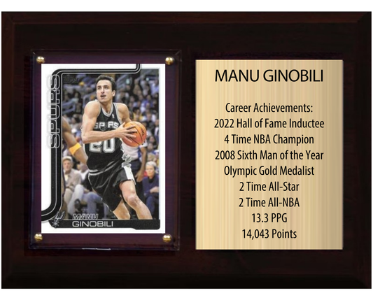 Manu Ginobili San Antonio Spurs Hall of Fame Stats Plaque 6x8 1 Card Hoops, Prizm, Donruss 2024 2025 2026