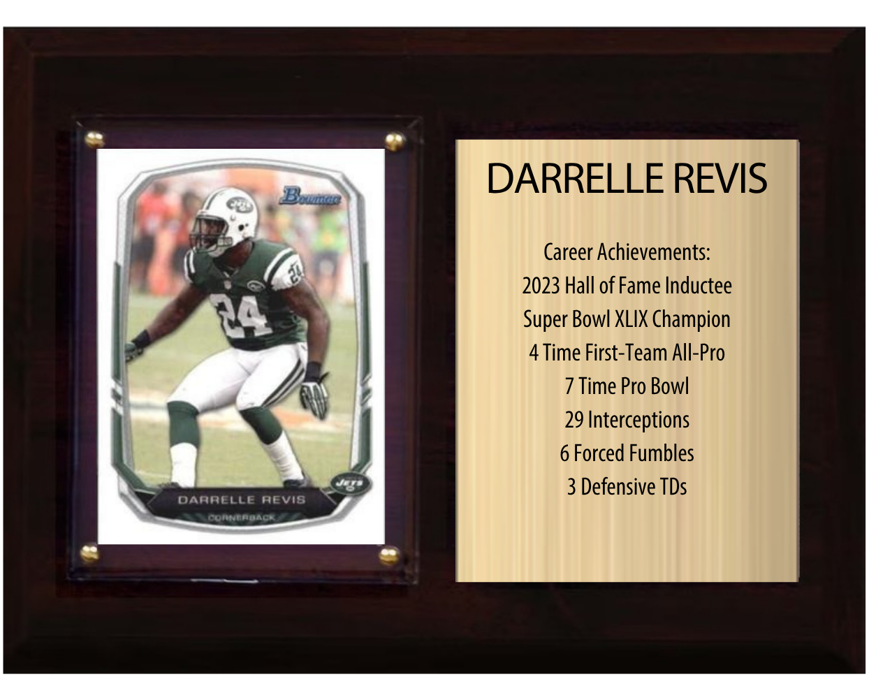 Darrelle Revis New York Jets Hall of Fame Stats Plaque 6x8 1 Card Prizm, Donruss, Score 2024 2025 2026