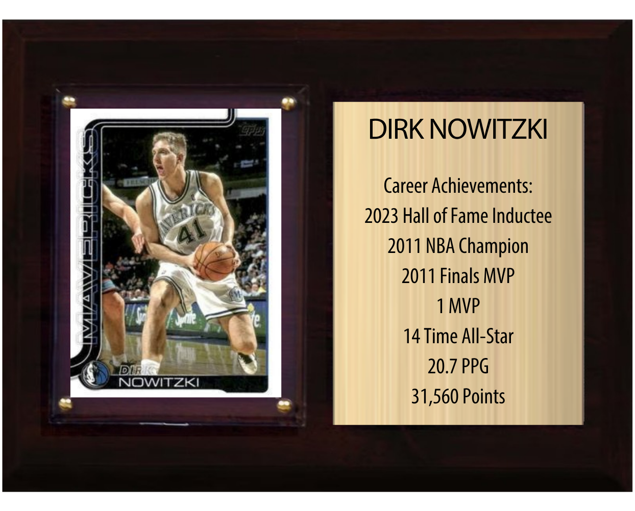 Dirk Nowitzki Dallas Mavericks Hall of Fame Stats Plaque 6x8 1 Card Hoops, Prizm, Donruss 2024 2025 2026