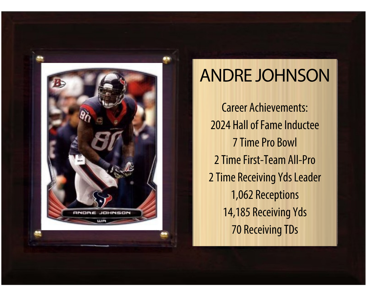 Andre Johnson Houston Texans Hall of Fame Stats Plaque 6x8 1 Card Prizm, Donruss, Score 2024 2025 2026