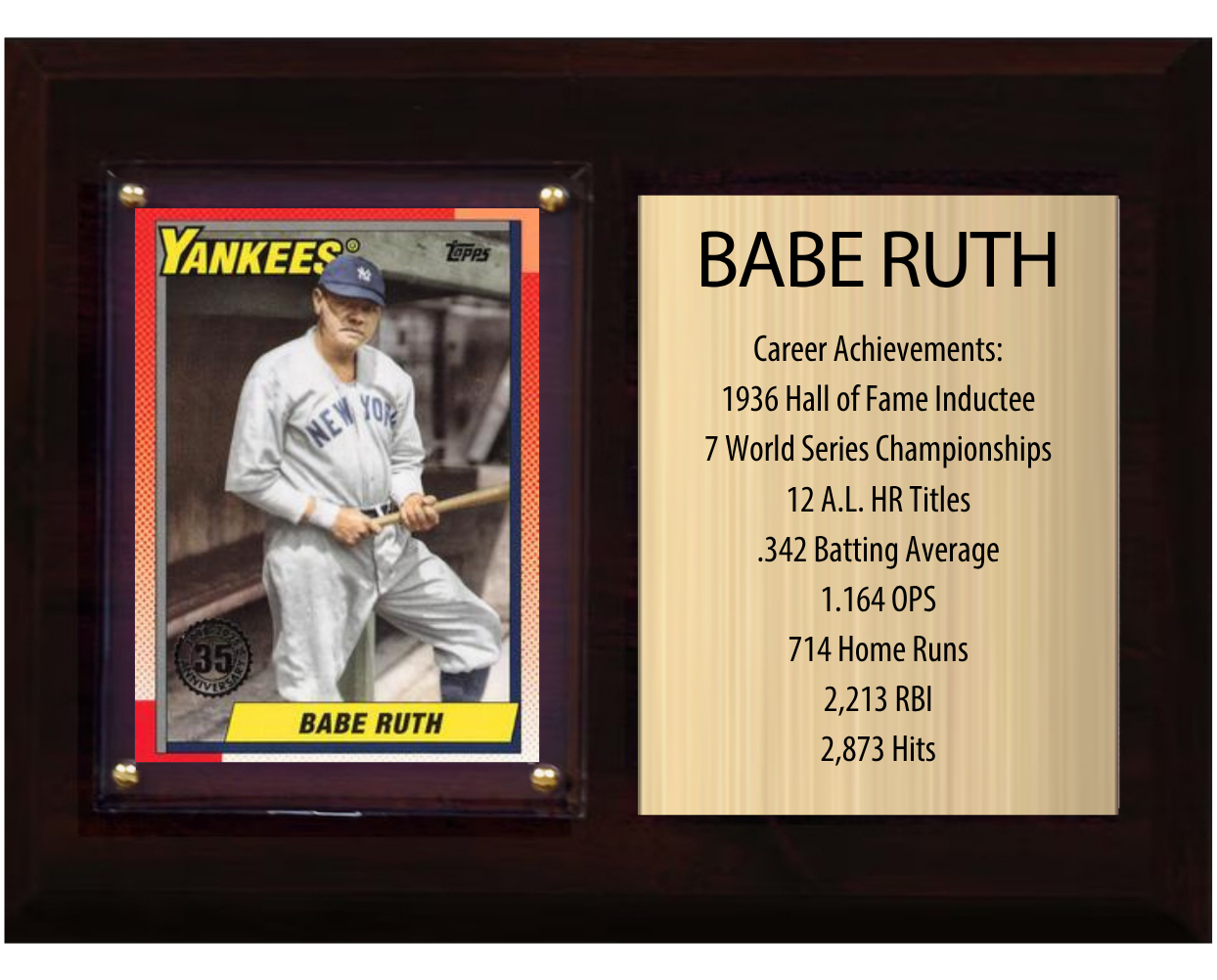 Babe Ruth New York Yankees HOF Fan Gift Plaque 6x8 Stats 1 Card Topps Donruss Panini 2024 2025 2026