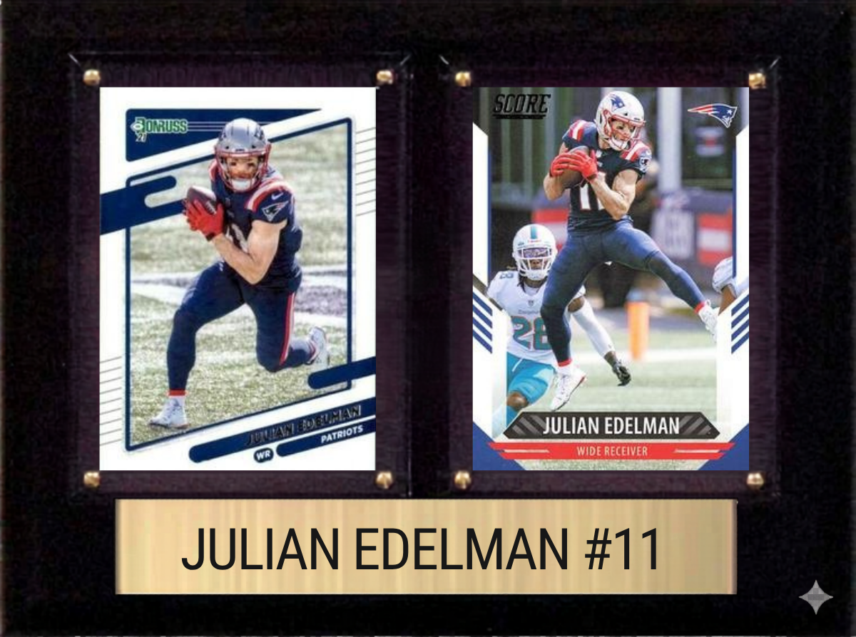 Julian Edelman New England Patriots Fan Gift Plaque 6x8 2 Cards Prizm, Donruss, Score 2024 2025 2026