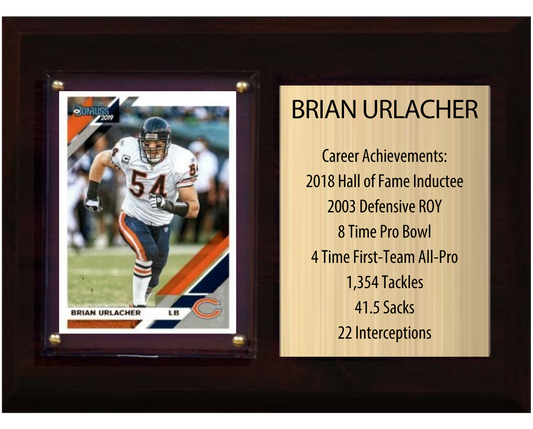 Brian Urlacher Chicago Bears Hall of Fame Stats Plaque 6x8 1 Card Prizm, Donruss, Score 2024 2025 2026