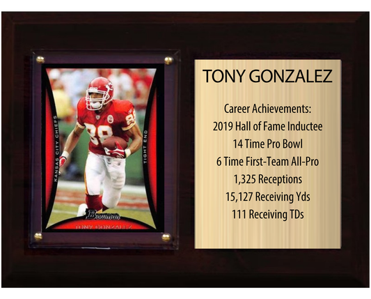 Tony Gonzalez Kansas City Chiefs Hall of Fame Stats Plaque 6x8 1 Card Prizm, Donruss, Score 2024 2025 2026