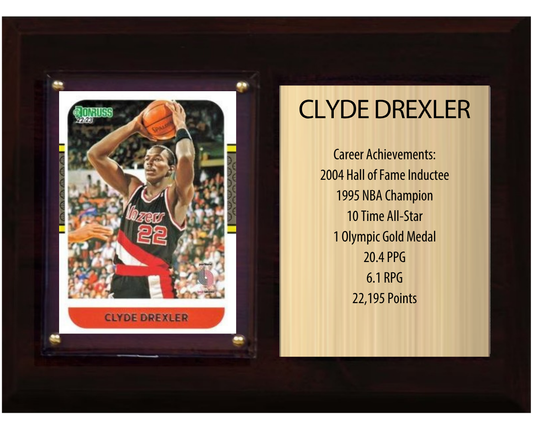 Clyde Drexler Portland Trail Blazers Hall of Fame Stats Plaque 6x8 1 Card Hoops, Prizm, Donruss 2024 2025 2026