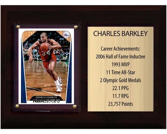 Charles Barkley Philadelphia 76ers HOF Fan Gift Plaque 6x8 Stats 1 Card Panini Donruss Hoops Prizm Topps 2024 2025 2026