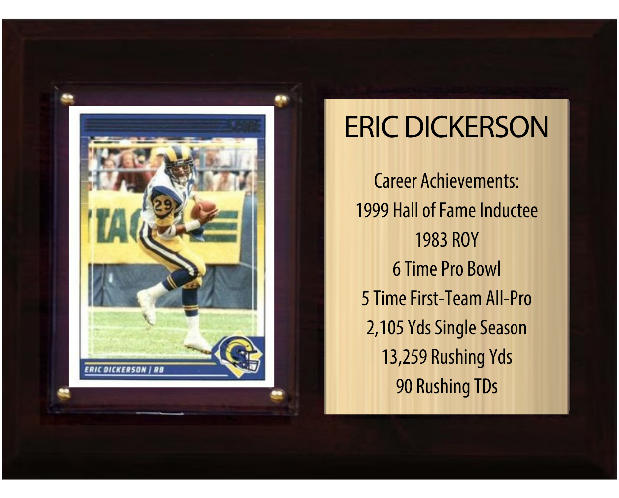 Eric Dickerson Los Angeles Rams Hall of Fame Stats Plaque 6x8 1 Card Prizm, Donruss, Score 2024 2025 2026