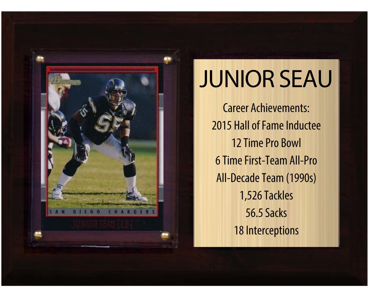 Junior Seau Los Angeles Chargers Hall of Fame Stats Plaque 6x8 1 Card Prizm, Donruss, Score 2024 2025 2026