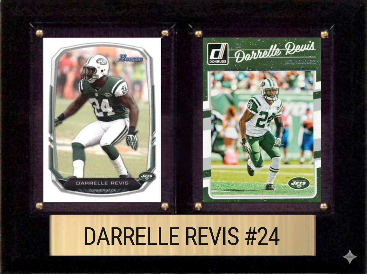 Darrelle Revis New York Jets Hall of Fame Fan Gift Plaque 6x8 2 Cards Prizm, Donruss, Score 2024 2025 2026