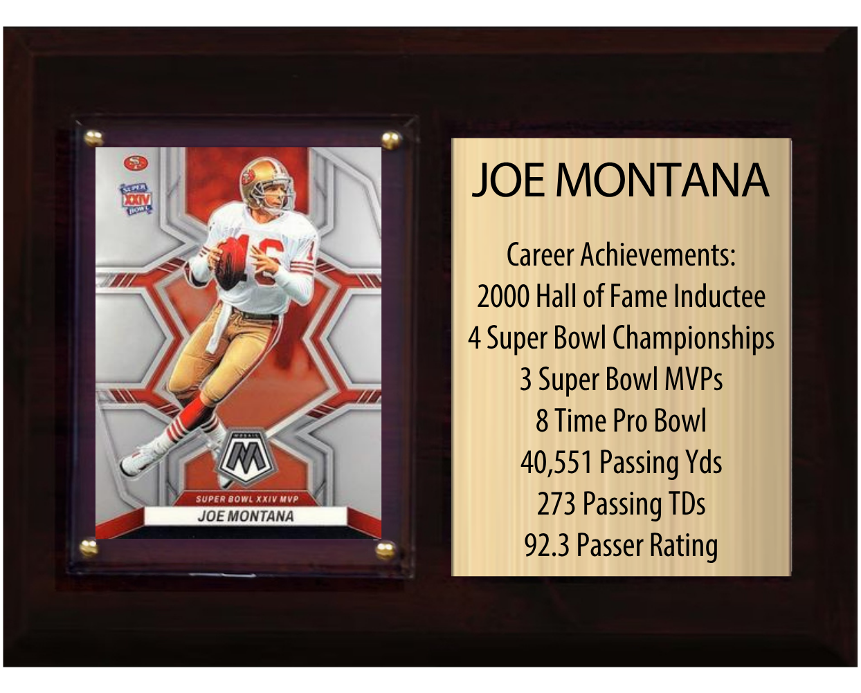 Joe Montana San Francisco 49ers HOF Fan Gift Plaque 6x8 Stats 1 Card Donruss Score Panini Topps Prizm 2024 2025 2026