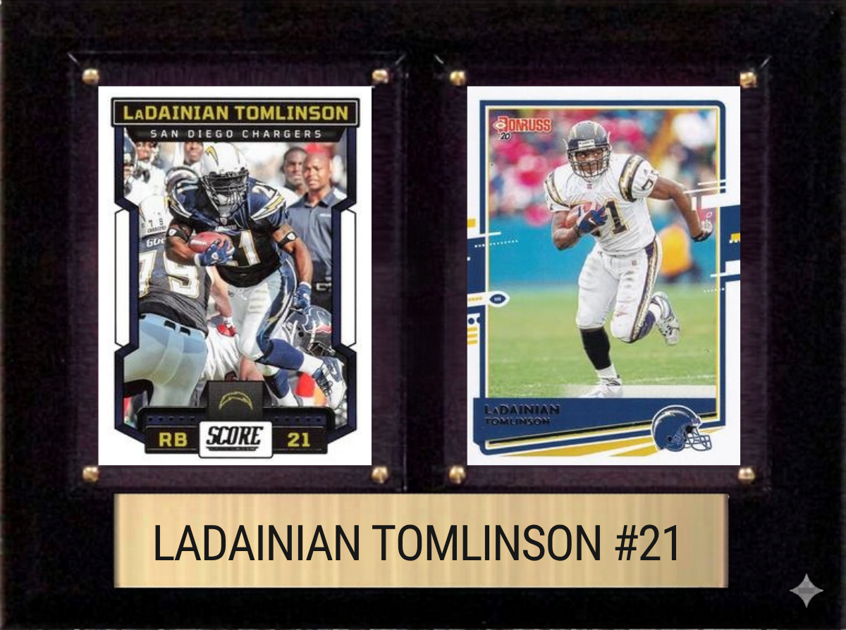 LaDainian Tomlinson Los Angeles Chargers Hall of Fame Fan Gift Plaque 6x8 2 Cards Prizm, Donruss, Score 2024 2025 2026
