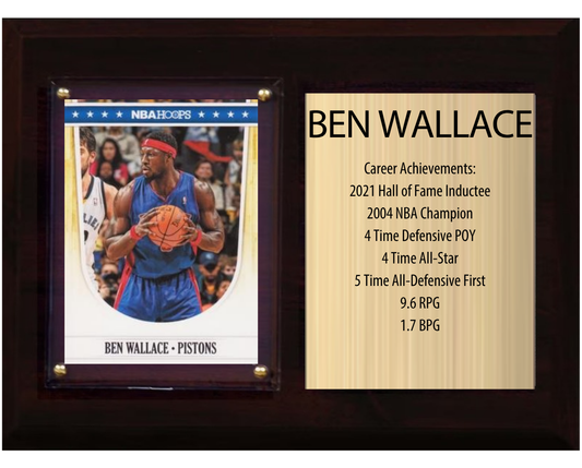 Ben Wallace Detroit Pistons Hall of Fame Stats Plaque 6x8 1 Card Hoops, Prizm, Donruss 2024 2025 2026