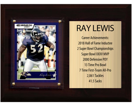 Ray Lewis Baltimore Ravens HOF Fan Gift Plaque 6x8 Stats 1 Card Donruss Score Panini Topps Prizm 2024 2025 2026