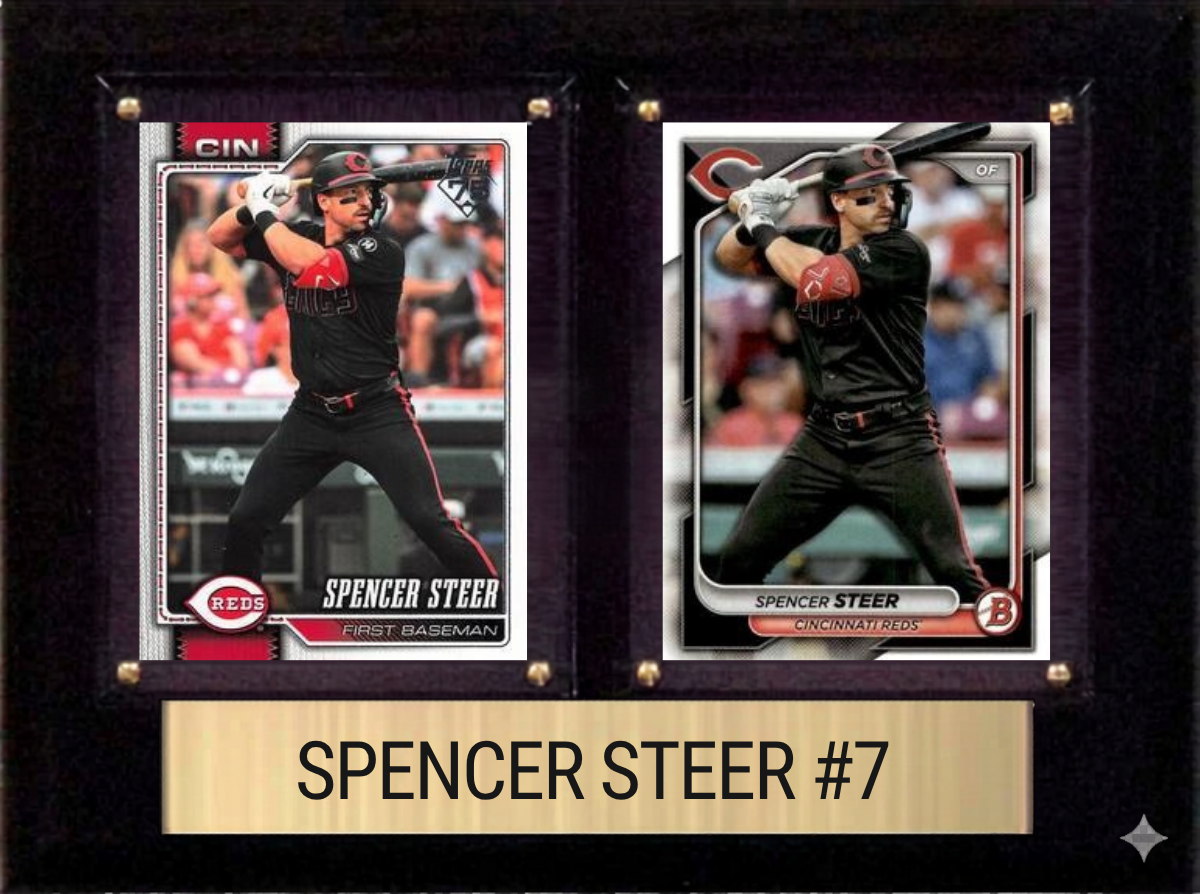 Spencer Steer Cincinnati Reds Fan Gift Plaque 6x8 2 Cards Topps, Bowman 2024 2025 2026