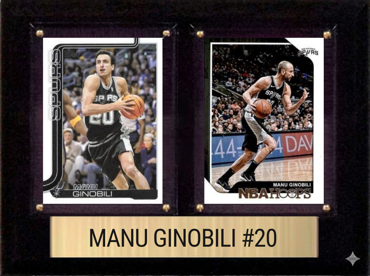Manu Ginobili San Antonio Spurs Hall of Fame Fan Gift Plaque 6x8 2 Cards Hoops, Prizm, Donruss 2024 2025 2026