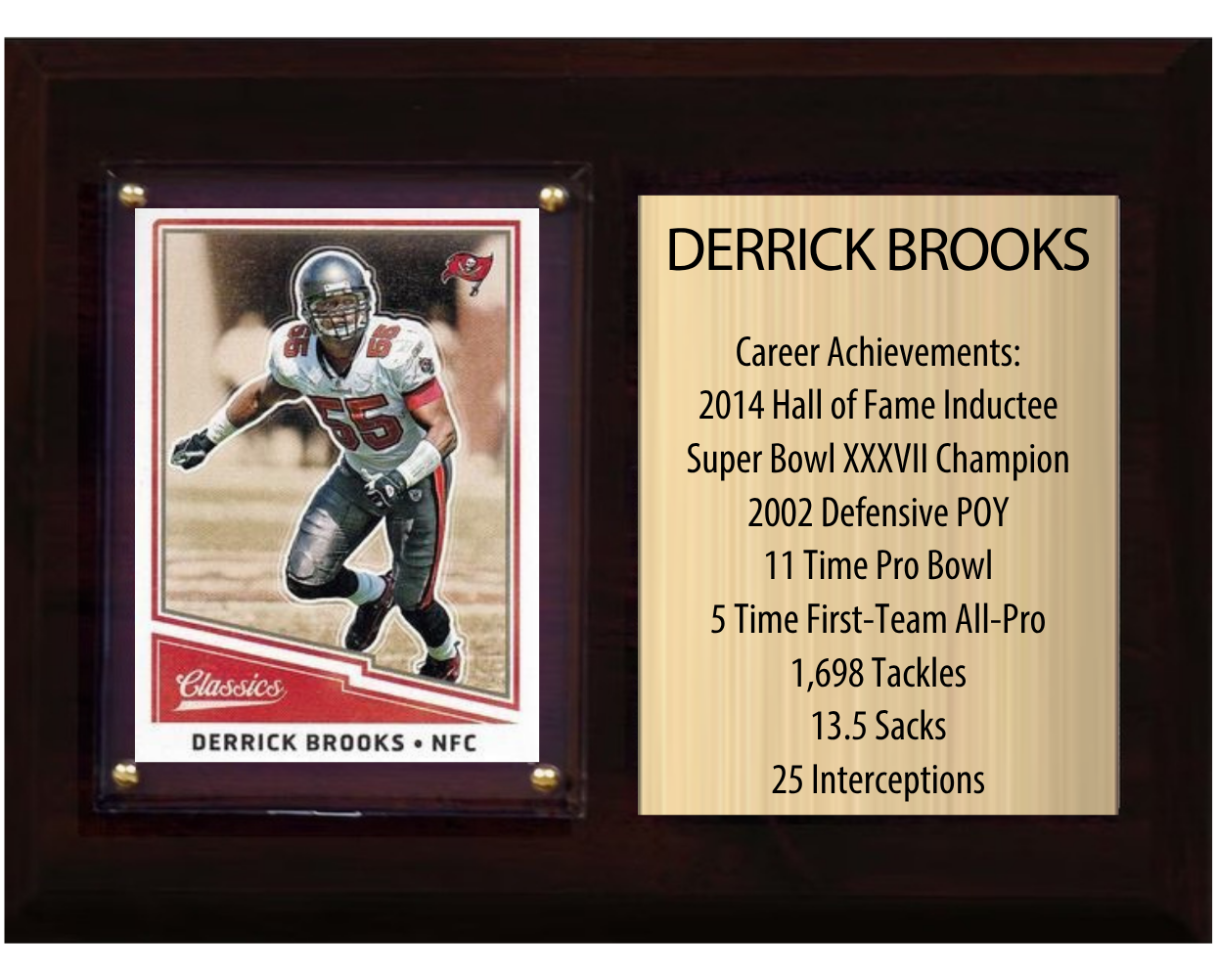 Derrick Brooks Tampa Bay Buccaneers Hall of Fame Stats Plaque 6x8 1 Card Prizm, Donruss, Score 2024 2025 2026