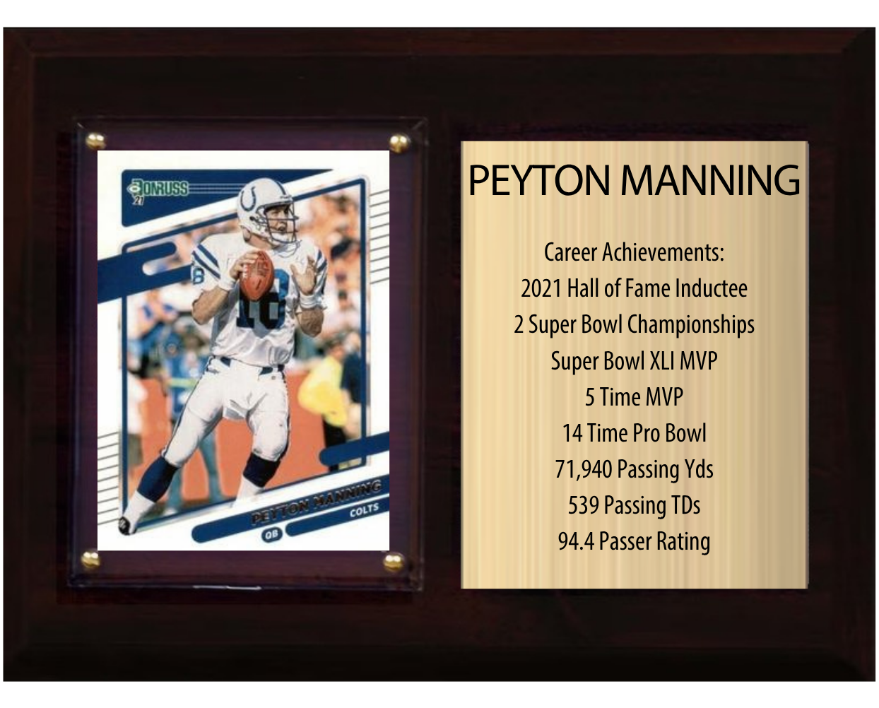 Peyton Manning Indianapolis Colts HOF Fan Gift Plaque 6x8 Stats 1 Card Donruss Score Panini Topps Prizm 2024 2025 2026