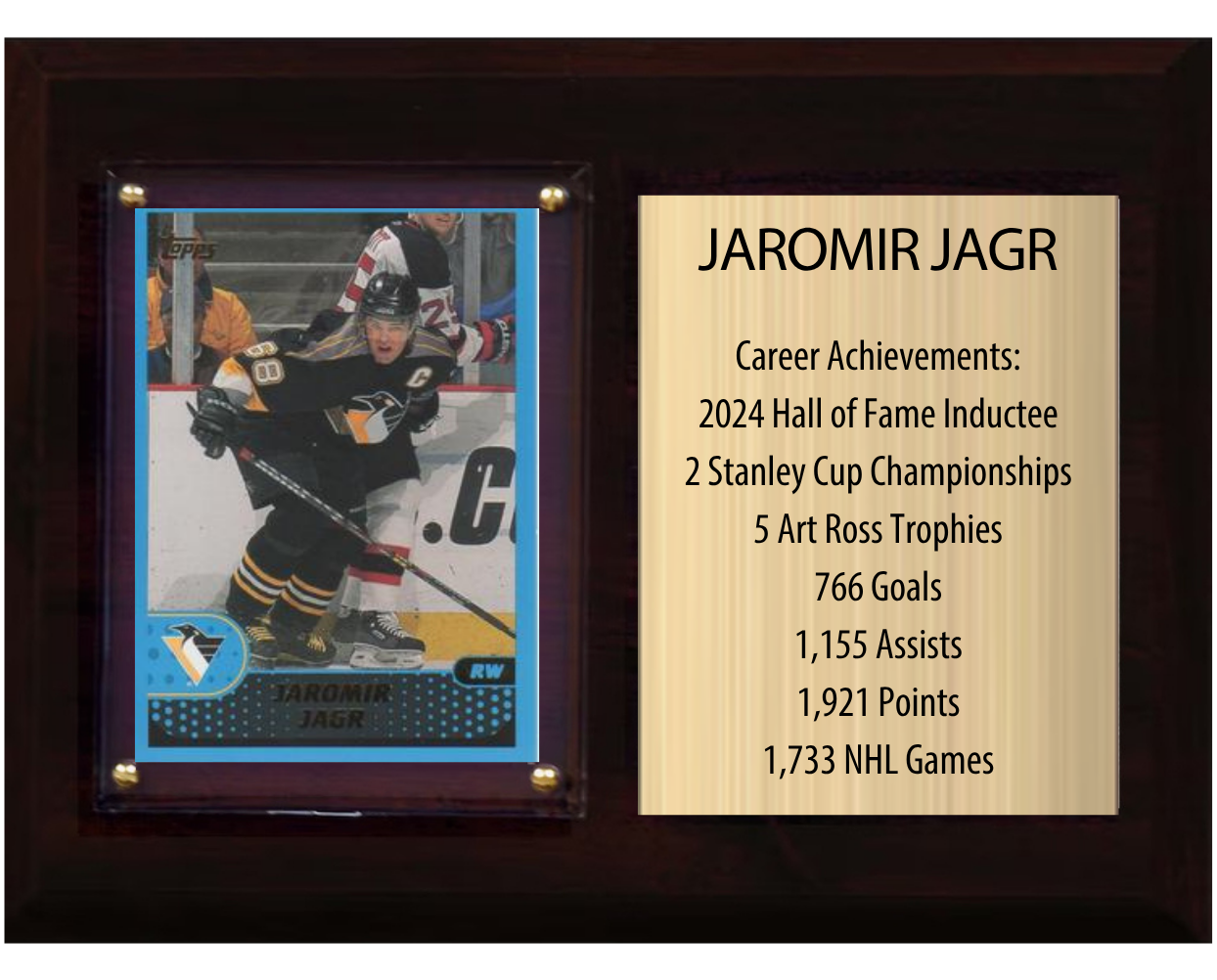 Jaromir Jagr Pittsburgh Penguins HOF Fan Gift Plaque 6x8 Stats 1 Card Upper Deck Parkhurst O-Pee-Chee Topps 2024 2025 2026