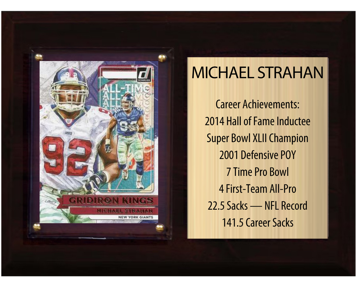 Michael Strahan New York Giants Hall of Fame Stats Plaque 6x8 1 Card Prizm, Donruss, Score 2024 2025 2026