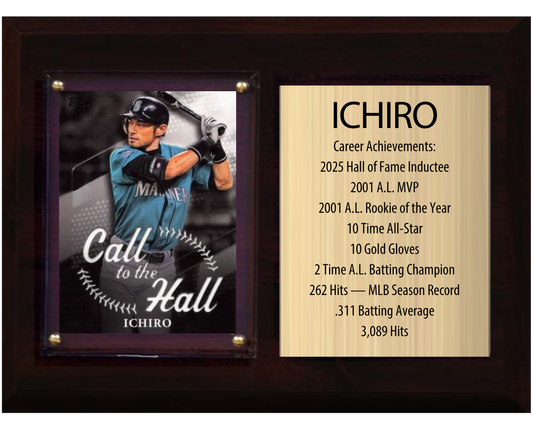 Ichiro Seattle Mariners Hall of Fame Stats Plaque 6x8 1 Card Topps, Bowman 2024 2025 2026