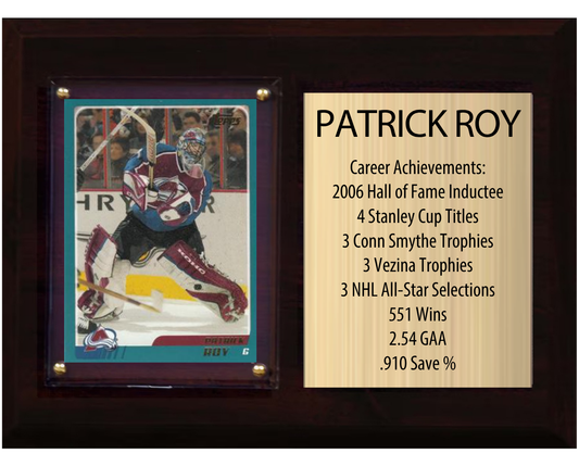 Patrick Roy Montreal Canadiens HOF Fan Gift Plaque 6x8 Stats 1 Card Upper Deck Parkhurst O-Pee-Chee Topps 2024 2025 2026