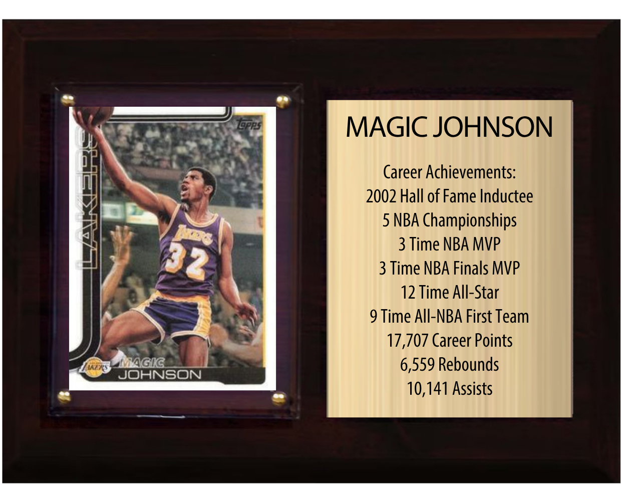 Magic Johnson Los Angeles Lakers HOF Fan Gift Plaque 6x8 Stats 1 Card Panini Donruss Hoops Prizm Topps 2024 2025 2026