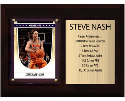 Steve Nash Phoenix Suns Hall of Fame Stats Plaque 6x8 1 Card Hoops, Prizm, Donruss 2024 2025 2026