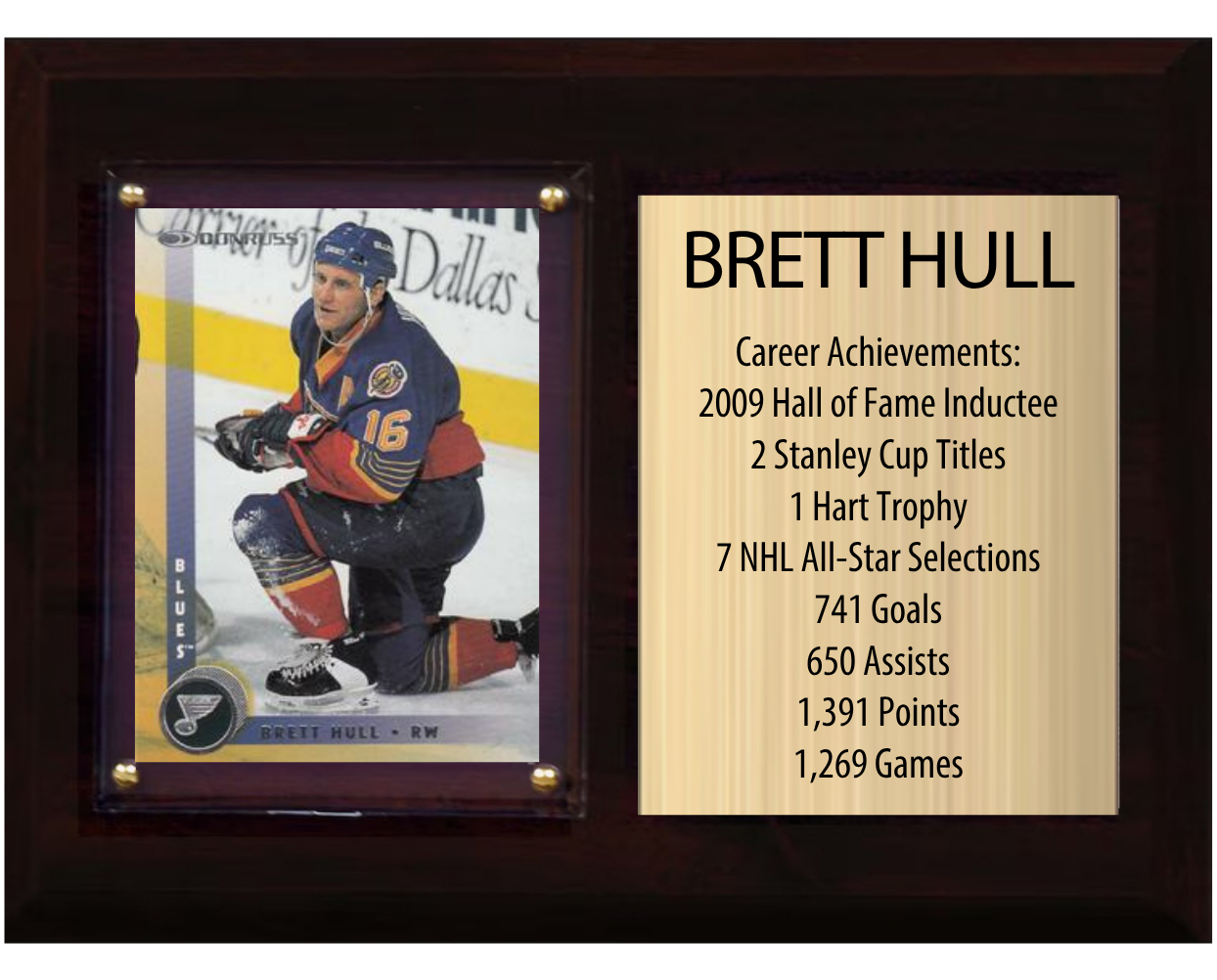 Brett Hull St. Louis Blues HOF Fan Gift Plaque 6x8 Stats 1 Card Upper Deck Parkhurst O-Pee-Chee Topps 2024 2025 2026