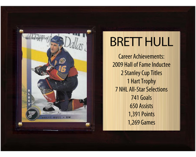 Brett Hull St. Louis Blues HOF Fan Gift Plaque 6x8 Stats 1 Card Upper Deck Parkhurst O-Pee-Chee Topps 2024 2025 2026