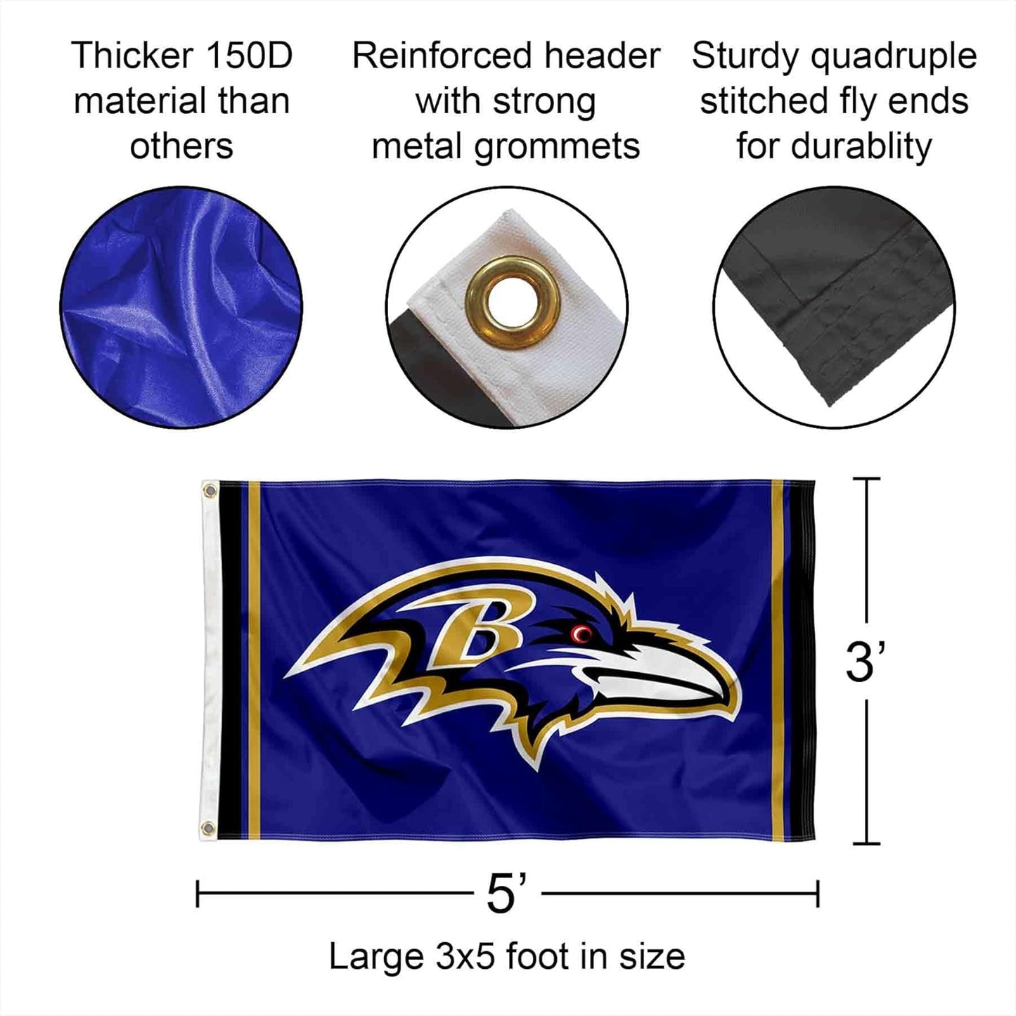 Baltimore Ravens Large 3x5 Flag WinCraft  - Double Sided - Home Flagpole, Tailgating, Fan Cave