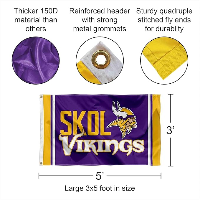 Minnesota Vikings SKOL Large 3x5 Flag WinCraft  - Double Sided - Home Flagpole, Tailgating, Fan Cave