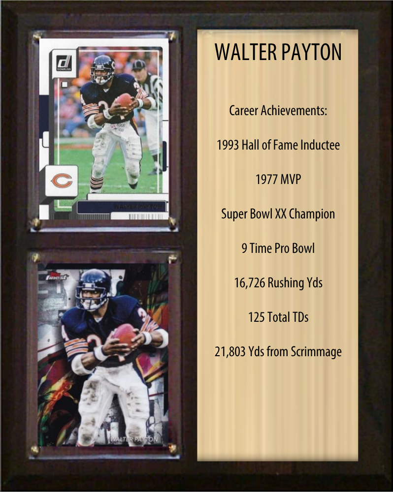 Walter Payton Chicago Bears HOF Fan Gift Plaque 8x10 Stats 2 Cards Donruss Score Panini Topps Prizm 2024 2025 2026