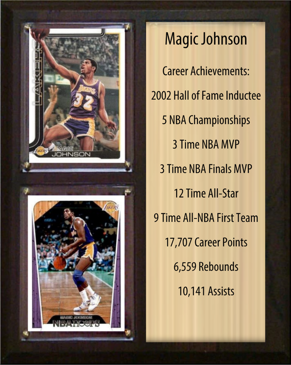 Magic Johnson Los Angeles Lakers HOF Fan Gift Plaque 8x10 Stats 2 Cards Panini Donruss Hoops Prizm Topps 2024 2025 2026